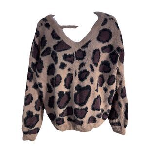 L Love Leopard Print Fuzzy Eyelash Knit Sweater Boho Festival Cozy top size L